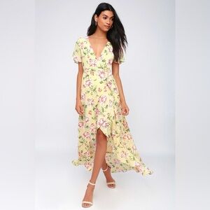 Lulus Yellow Floral Wrap Front Asymmetrical Hem Maxi Dress